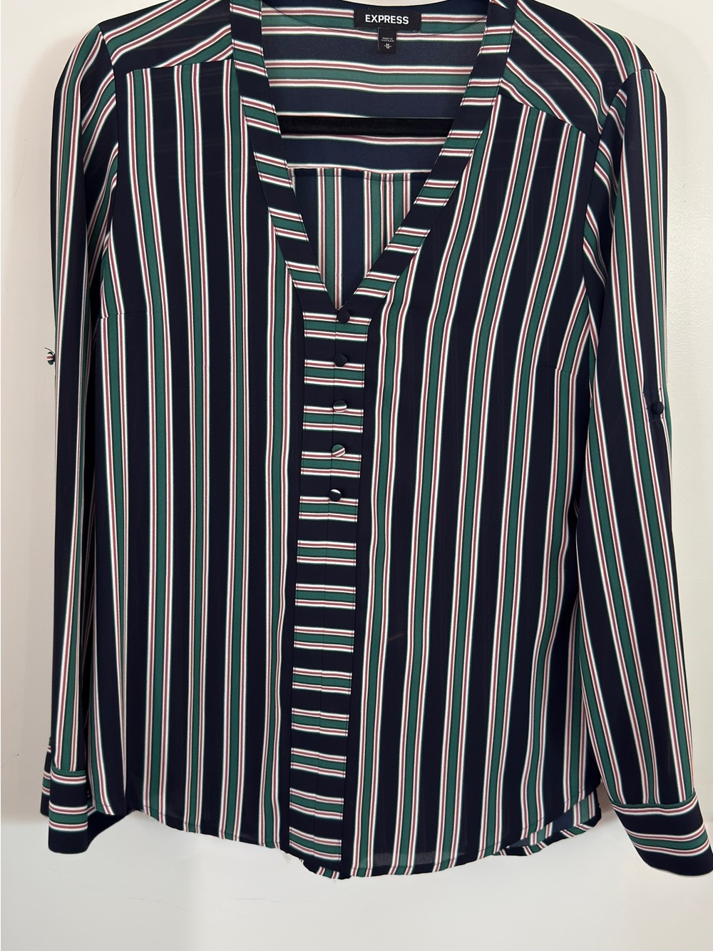 Express Navy Vertical Striped Blouse with Pink & Green Accents Medium